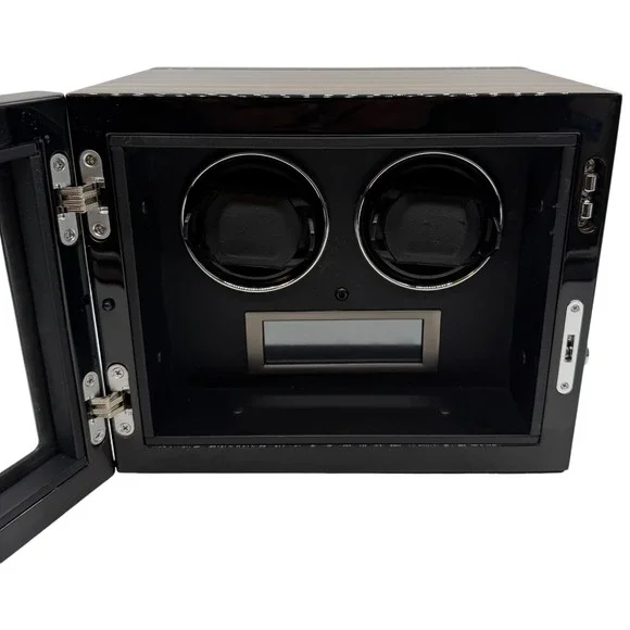 Dual Watch Winder Ebony Wood Grain Finish Black Automatic Watch Box with Adapter